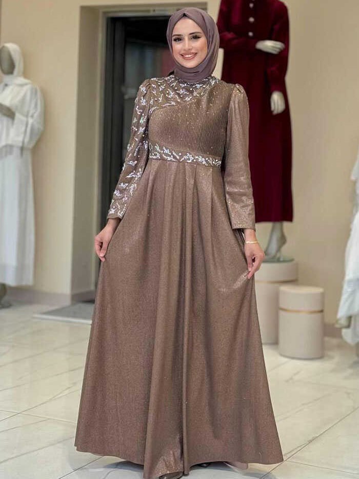 Glittery Stone Detailed Evening Dress 3934 Mink