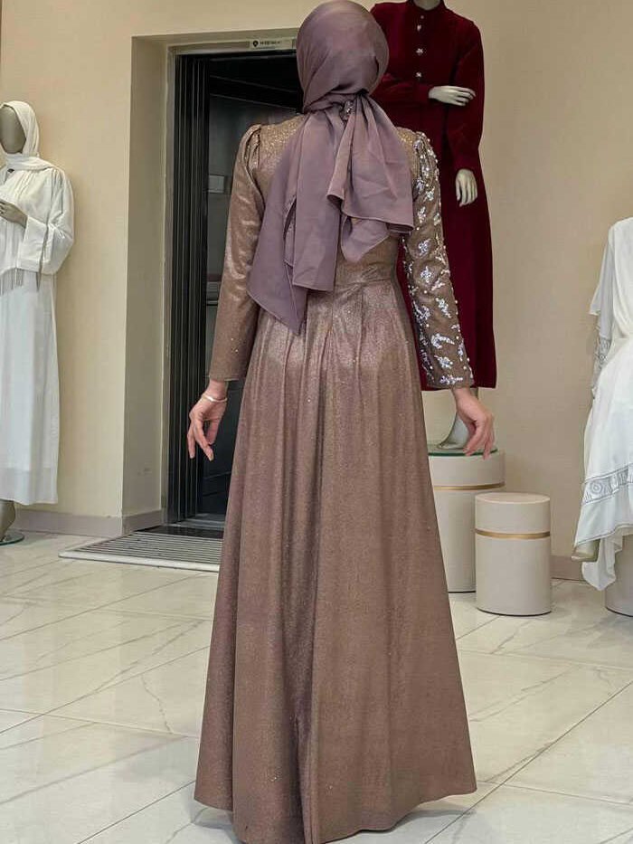 Alternative view of Glittery Stone Detailed Evening Dress 3934 Mink