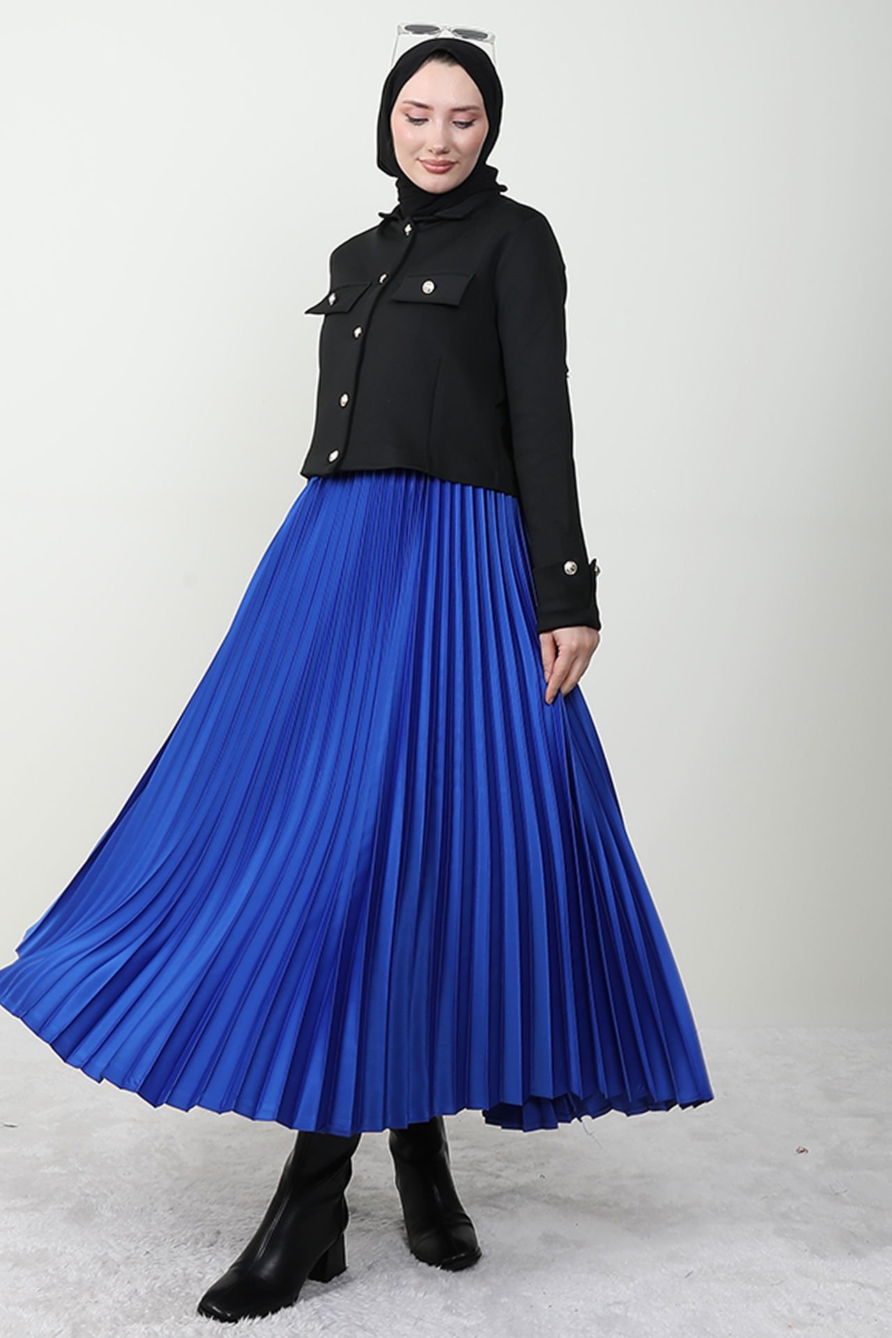 Satin Pleated Skirt in Saxon Blue 4 Satin Pleated Skirt in Saxon Blue - Image 4