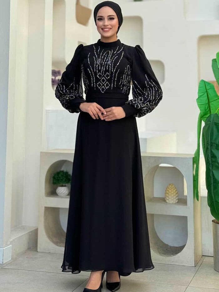Stone Detailed Evening Dress 7022 Black