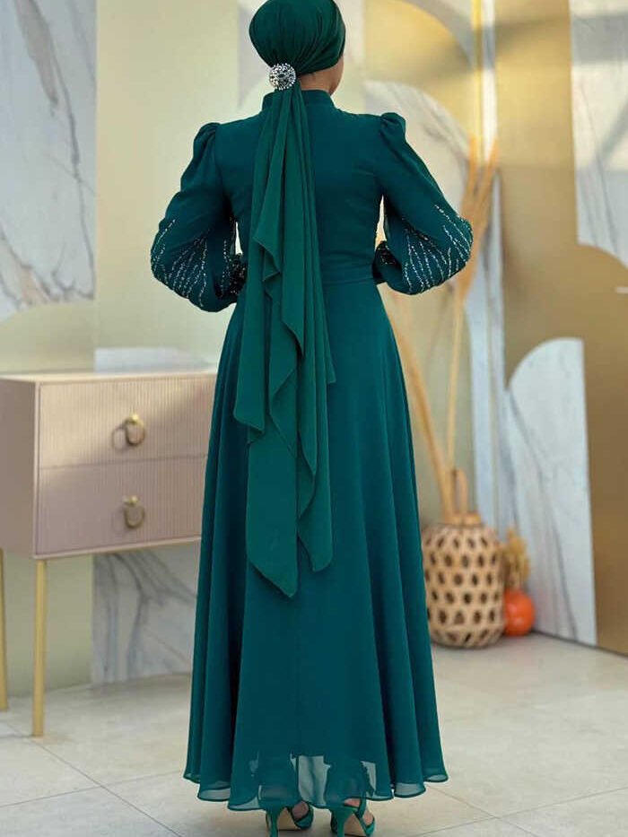 Alternative view of Islamic Wed Dress|Elegant Stone-Detail Modest Evening Gown|7022