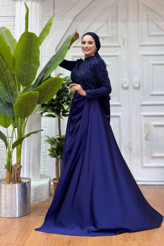Alternative view of 👗 Wedding Dress Tailor Near Me|Elegant Beaded Satin Evening Dress|7024 Evening Dress Navy Blue