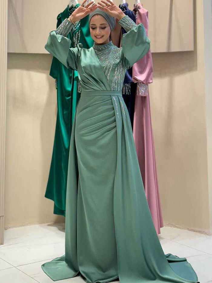 Stoned Tail Detail Evening Dress 7044 Mint