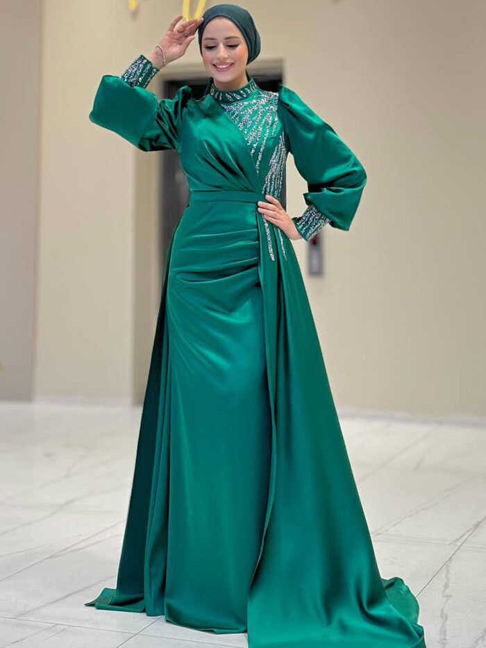 Stoned Tail Detail Evening Dress 7044 Emerald