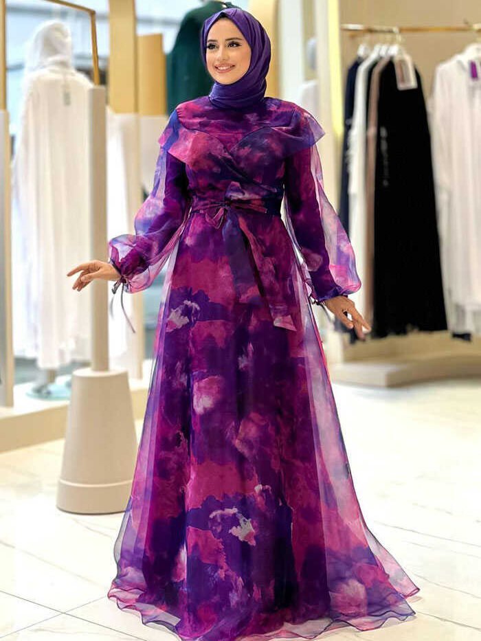 Self-Patterned Colorful Tulle Evening Dress 7047 Fuchsia