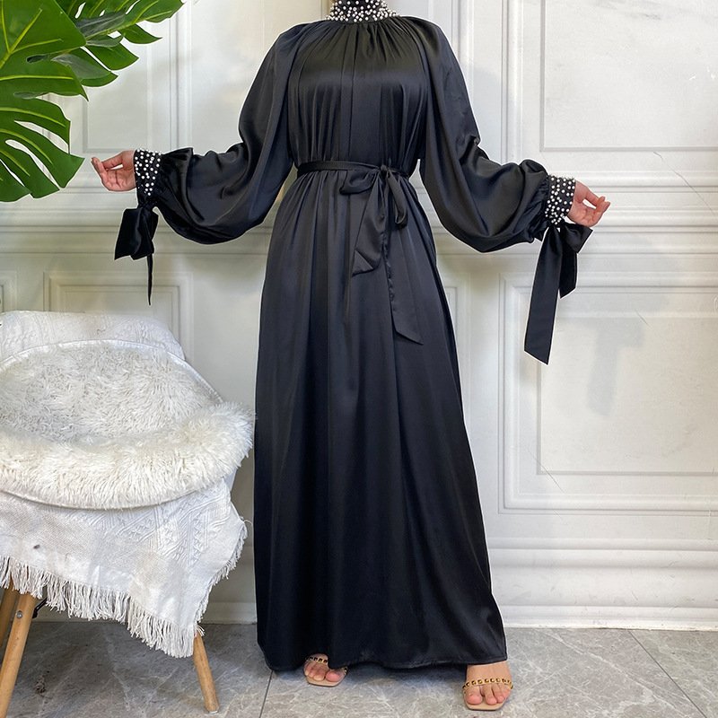 Satin Dress With White Pearl Neck And Cuffs - Black , 2XL