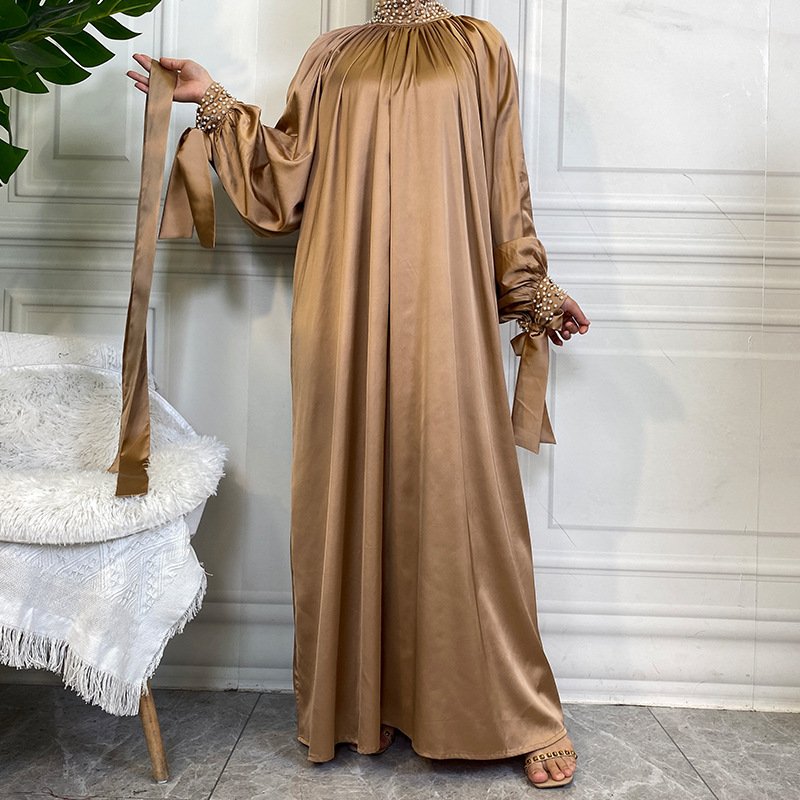 Satin Dress With White Pearl Neck And Cuffs - Gold , M