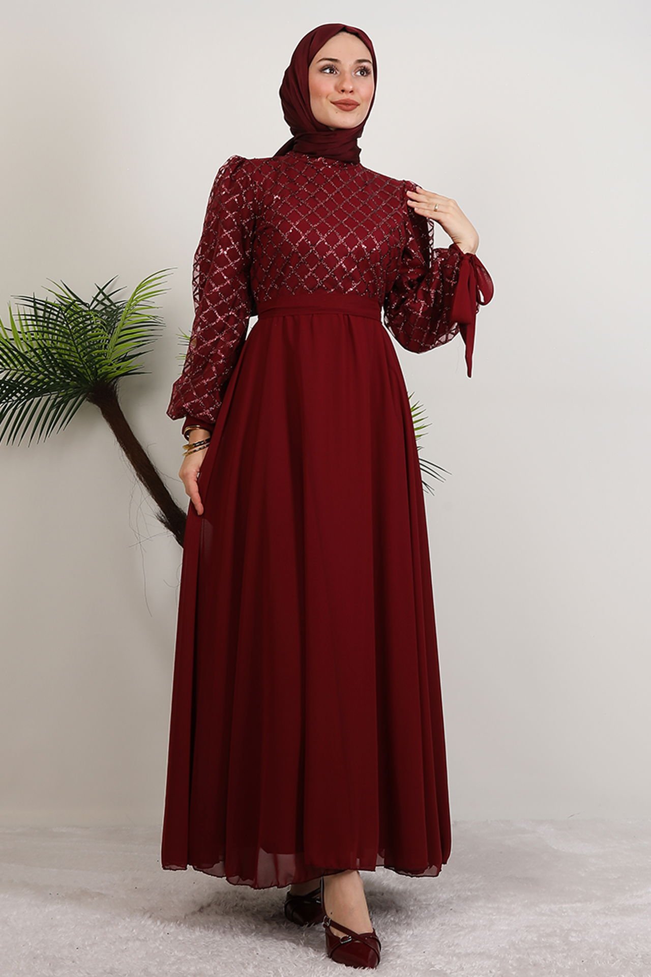 Dress Black Tie Event|Chiffon Maxi with Embroidered Tulle - 42 , Claret Red