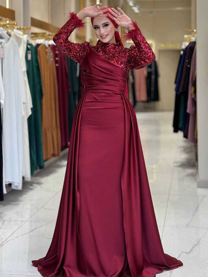 Sequin Satin Evening Dress 7064 Burgundy