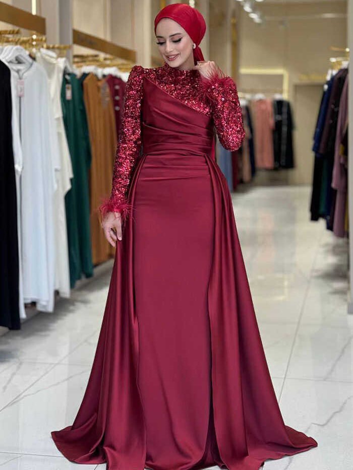 Alternative view of Sequin Satin Evening Dress 7064 Burgundy