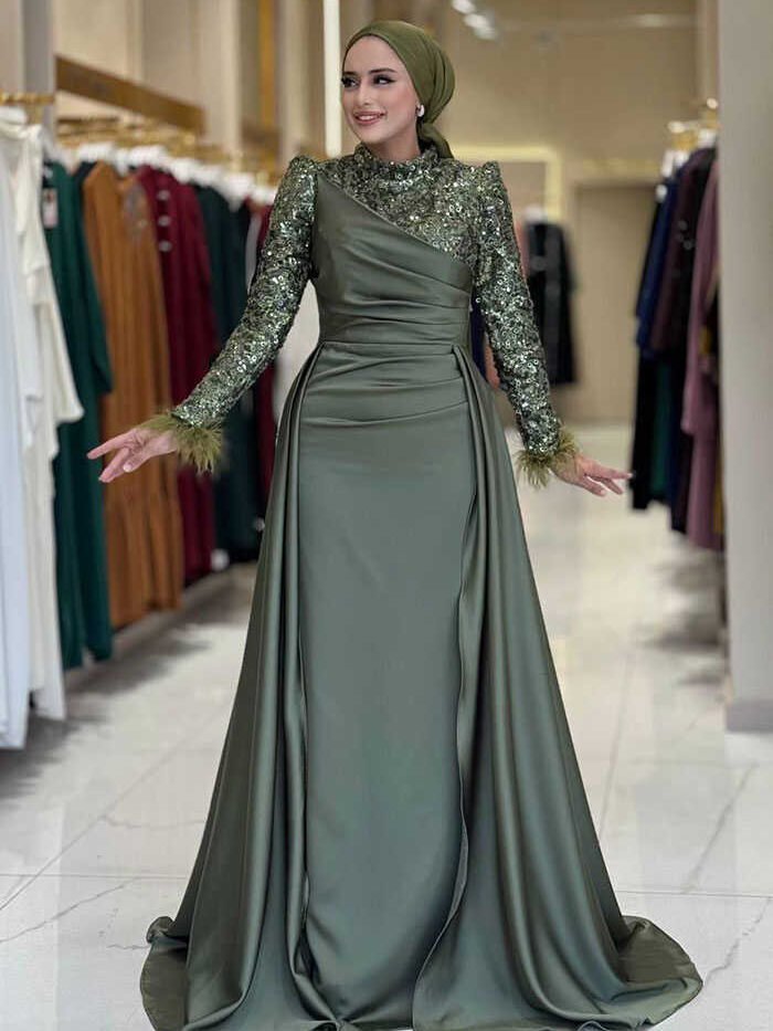 Sequin Satin Evening Dress 7064 Khaki