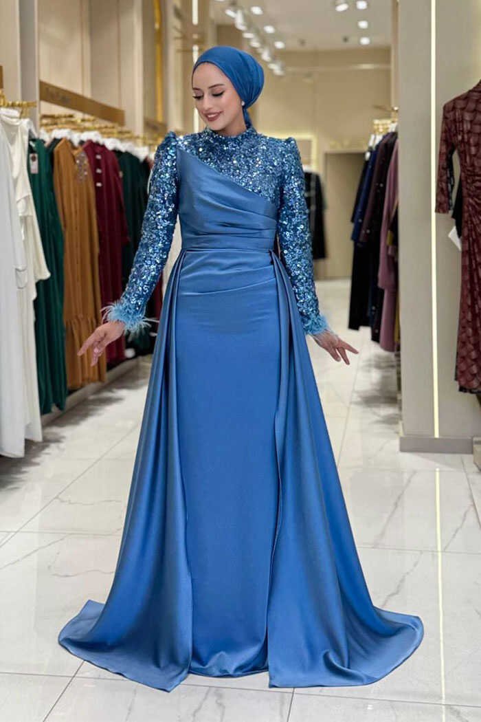 Sequin Satin Evening Dress 7064 Navy Blue - 46 , Indigo