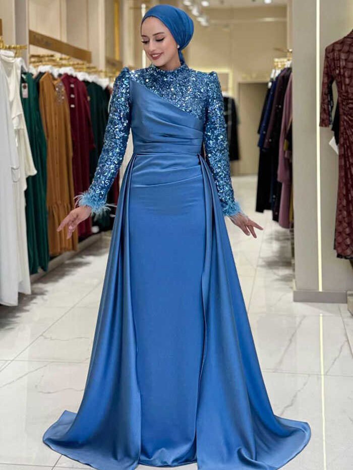 Sequin Satin Evening Dress 7064 Indigo