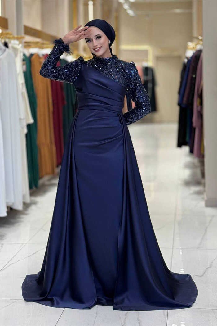 Sequin Satin Evening Dress 7064 Indigo - 44 , Navy blue