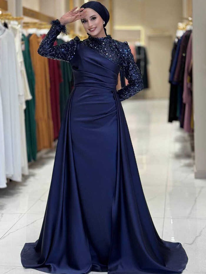 Sequin Satin Evening Dress 7064 Navy Blue