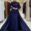 Sequin Satin Evening Dress 7064 Navy Blue - Image 2