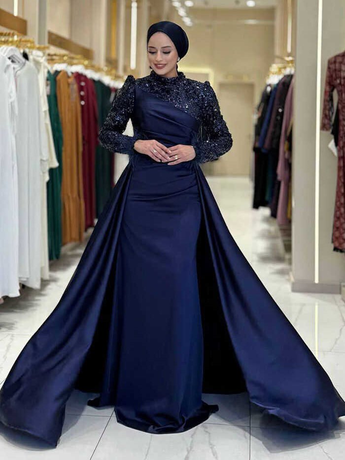 Alternative view of Sequin Satin Evening Dress 7064 Navy Blue