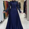 Sequin Satin Evening Dress 7064 Navy Blue - Image 3