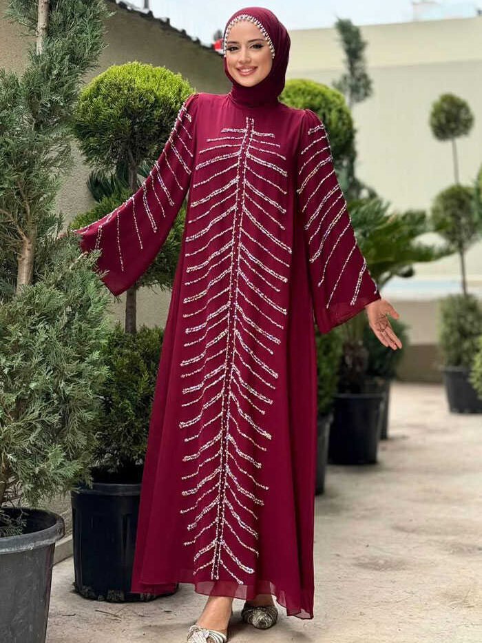 Stone Detailed Evening Dress 3915 Burgundy