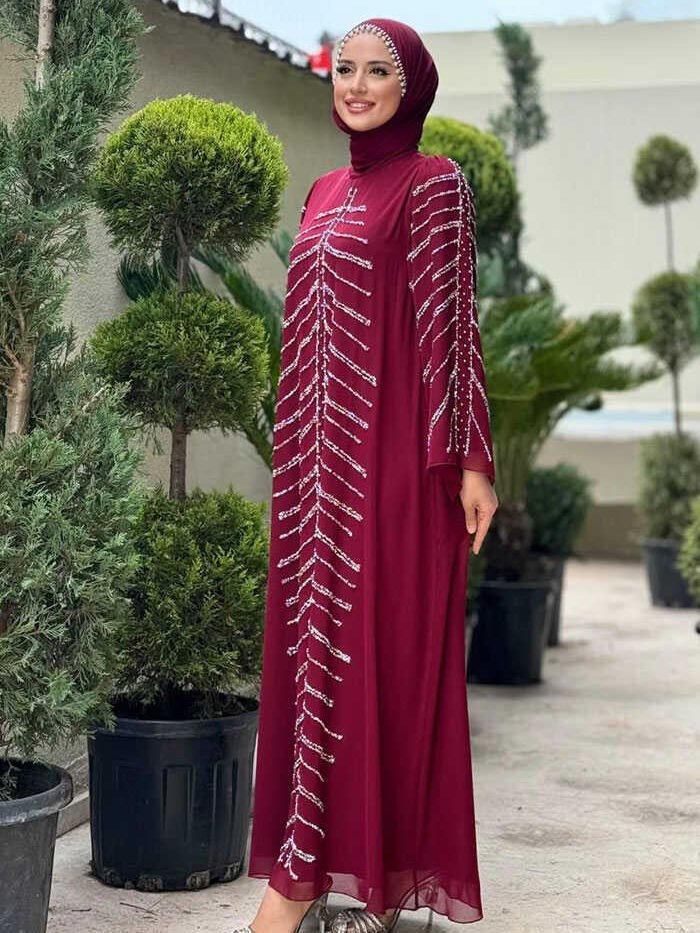Alternative view of Stone Detailed Evening Dress 3915 Burgundy