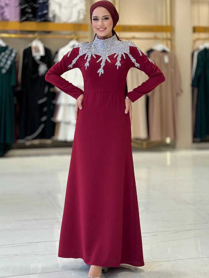Stone Detailed Evening Dress 3916 Burgundy
