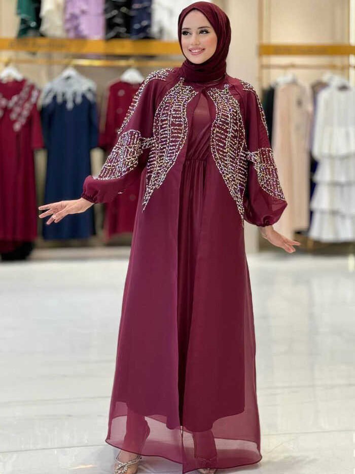 Stone Detailed Dress Abaya Suit 3943 Claret Red