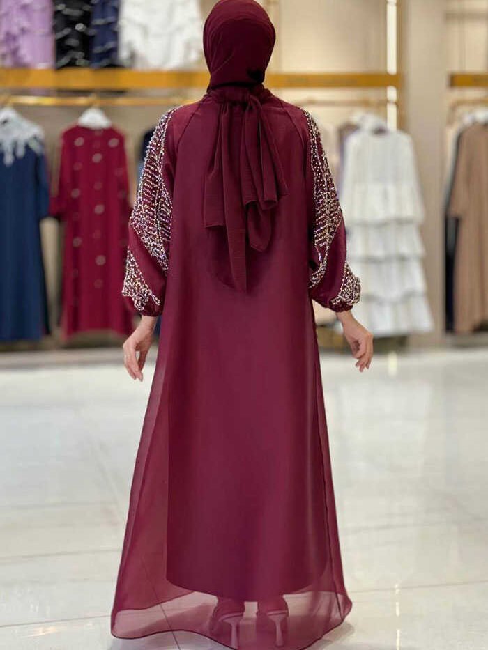 Alternative view of Stone Detailed Dress Abaya Suit 3943 Claret Red