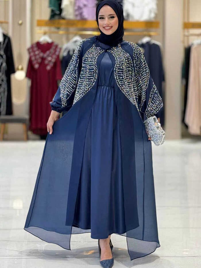 Stone Detailed Dress Abaya Suit 3943 Navy Blue