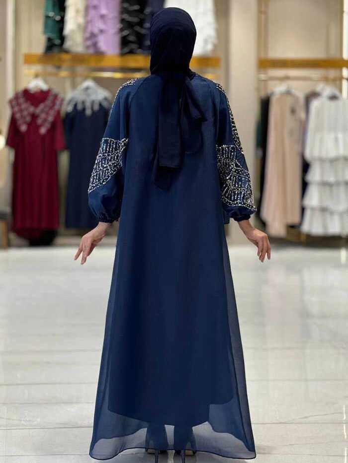 Alternative view of Stone Detailed Dress Abaya Suit 3943 Navy Blue