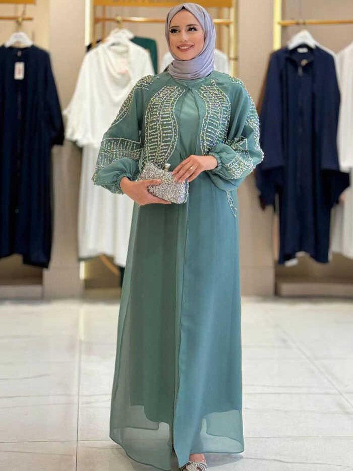 Stone Detailed Dress Abaya Suit 3943 Mint