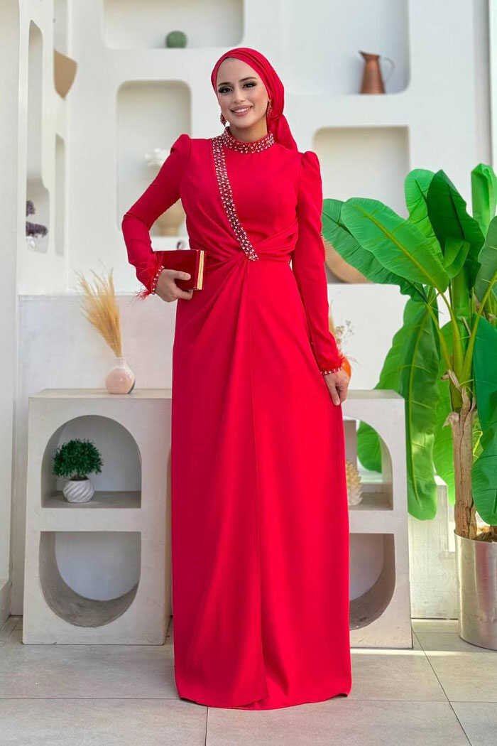 Black Wedding Dress | Evening Gown for Brides7021 - 44 , Evening Dress with Stone and Feather Details 7021 Red