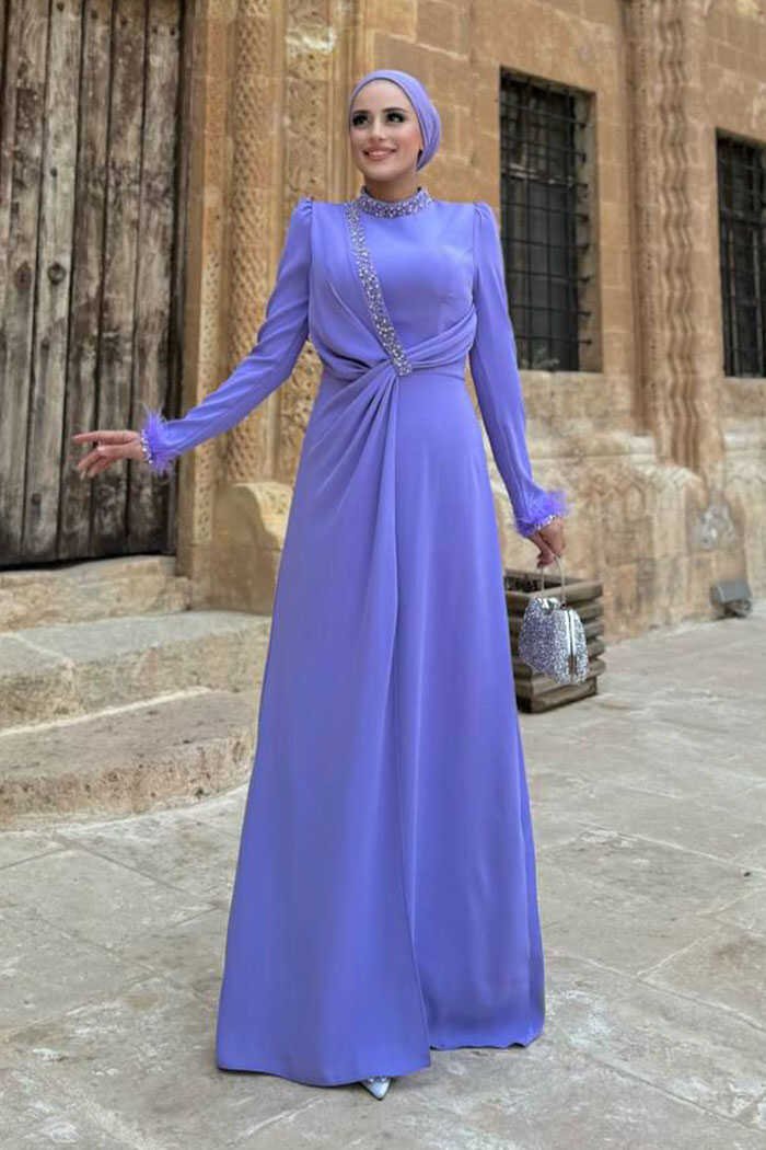 Nikah Dress| Elegant Stone & Feather Detail Evening Gown|7021 6 Nikah Dress| Elegant Stone & Feather Detail Evening Gown|7021 - Image 6
