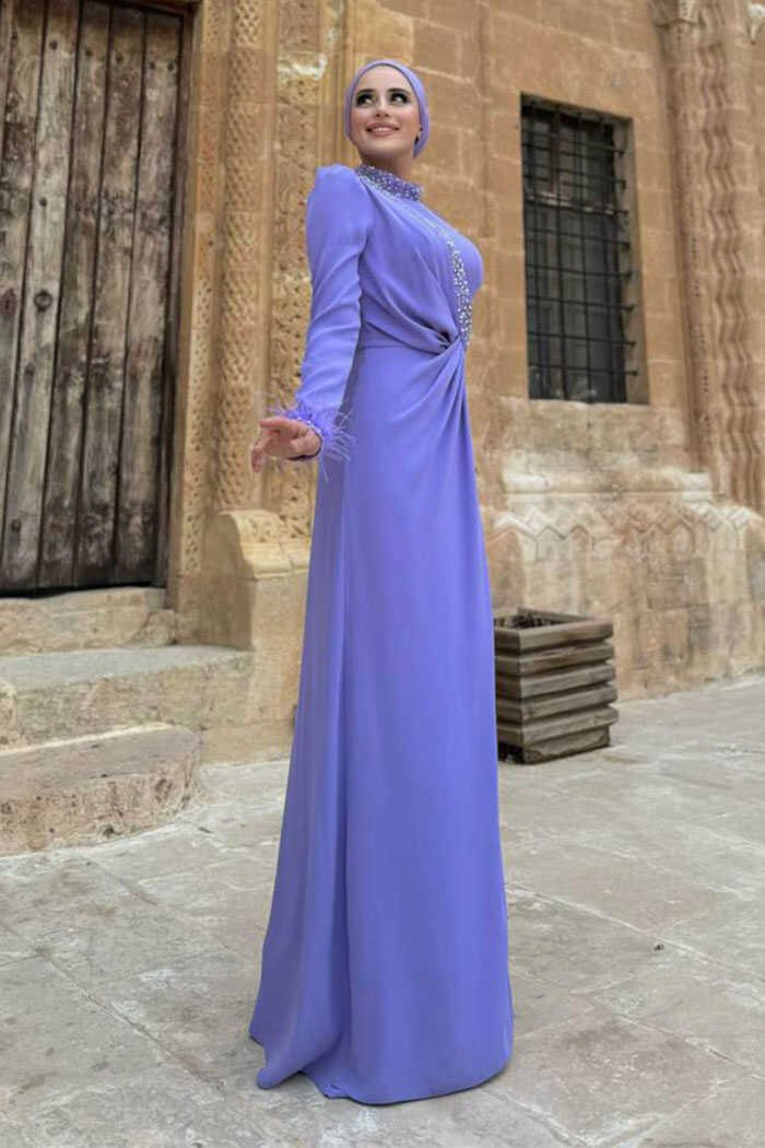 Islamic Wedding Dresses|Dress with Stone and Feather Accents|7021 3 Islamic Wedding Dresses|Dress with Stone and Feather Accents|7021 - Image 3
