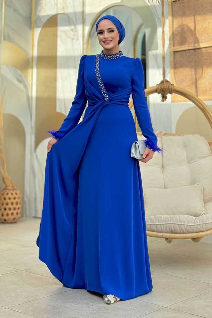 Islamic Wedding Dresses|Dress with Stone and Feather Accents|7021 6 Islamic Wedding Dresses|Dress with Stone and Feather Accents|7021 - Image 6