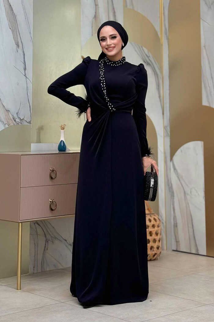 Nikah Dress| Elegant Stone & Feather Detail Evening Gown|7021 8 Nikah Dress| Elegant Stone & Feather Detail Evening Gown|7021 - Image 8