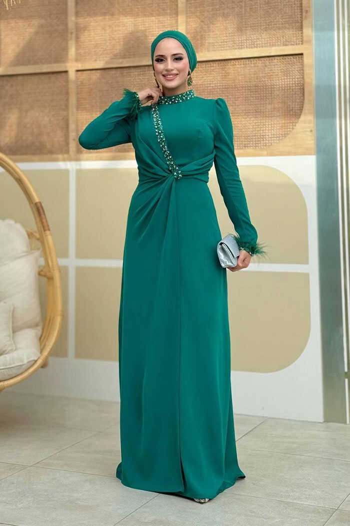 Islamic Wedding Dresses|Dress with Stone and Feather Accents|7021 8 Islamic Wedding Dresses|Dress with Stone and Feather Accents|7021 - Image 8