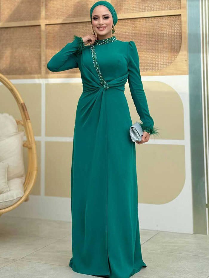 Nikah Dress| Elegant Stone & Feather Detail Evening Gown|7021
