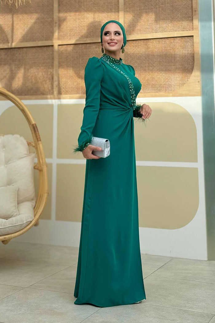 Nikah Dress| Elegant Stone & Feather Detail Evening Gown|7021 3 Nikah Dress| Elegant Stone & Feather Detail Evening Gown|7021 - Image 3