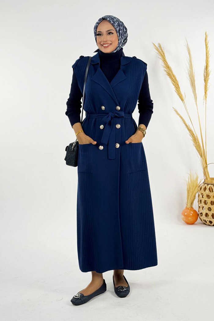 🖤 Luxury Black Winter Coat|Belted Knitwear Vest for Chic Cold-Weather Style|18301 - STD , Navy blue