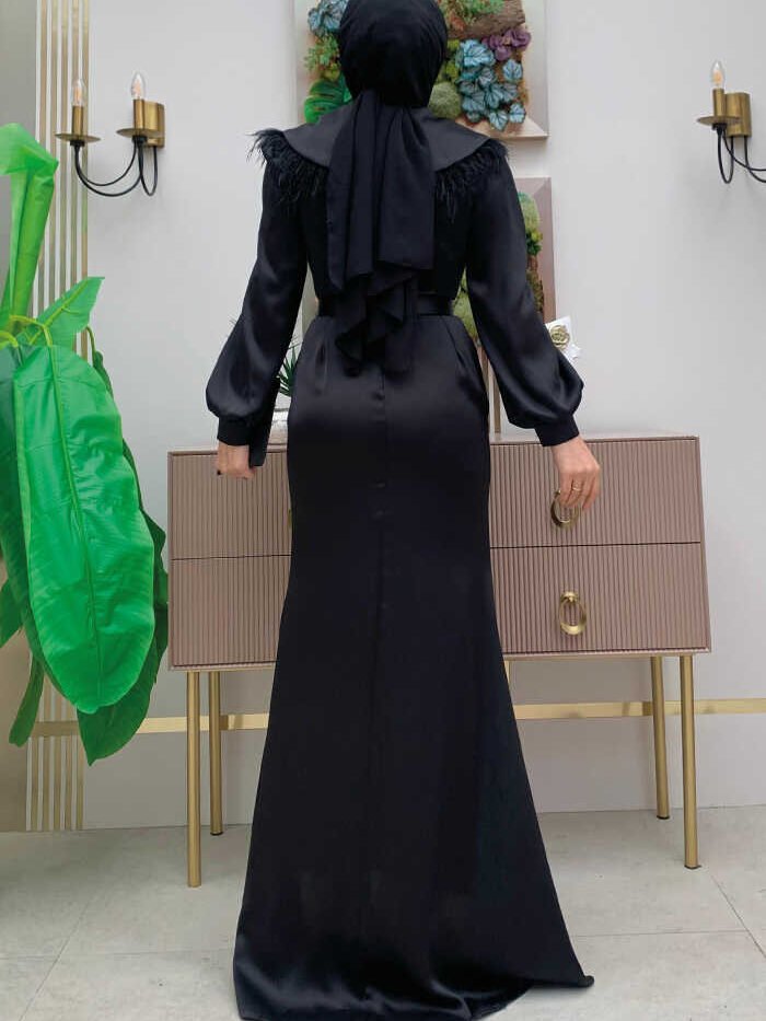 Alternative view of Dress Black Blue|Satin Evening Dress with Belt|3869