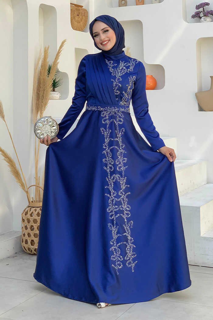 Dress Black Blue White Gold|Satin with Beaded Belt|5002 - 48 , Navy blue