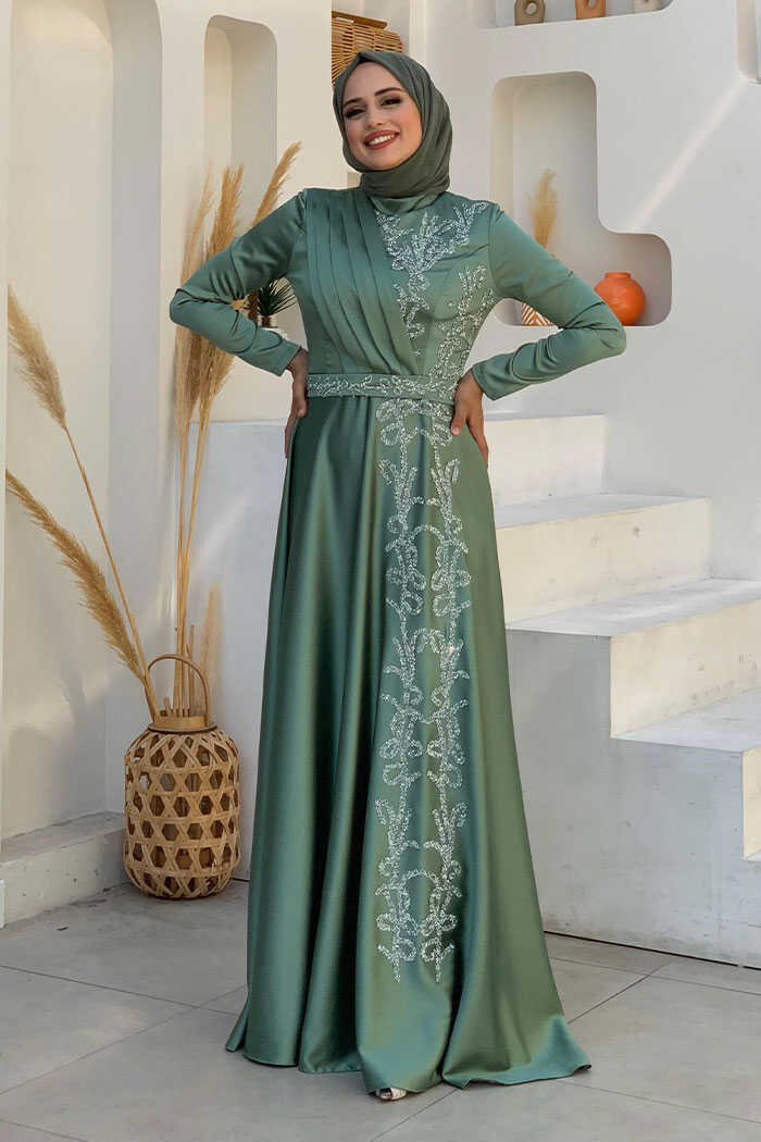 Dress Black Blue White Gold|Satin with Beaded Belt|5002 - 48 , Mint