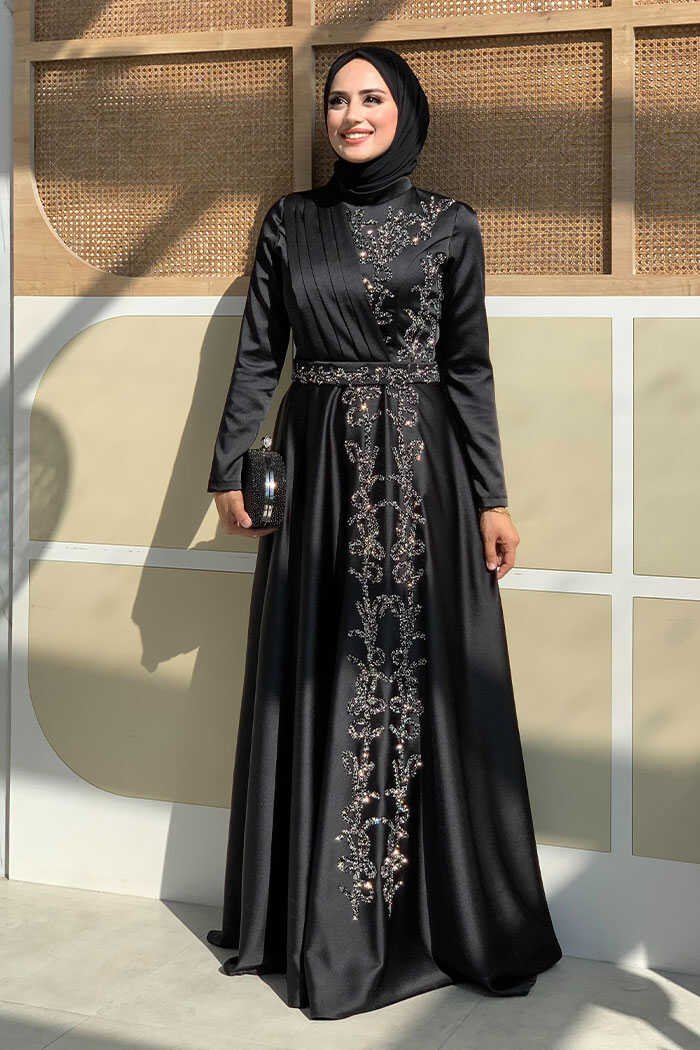 Dress Black Blue White Gold|Satin with Beaded Belt|5002
