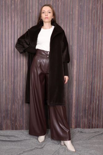 amazing Turkish Coat for Women|Waist-Banded Collar Coat with Stone Brooch Detail|7874 - STD , Brown