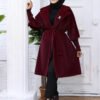 amazing Turkish Coat for Women|Waist-Banded Collar Coat with Stone Brooch Detail|7874 - Image 2