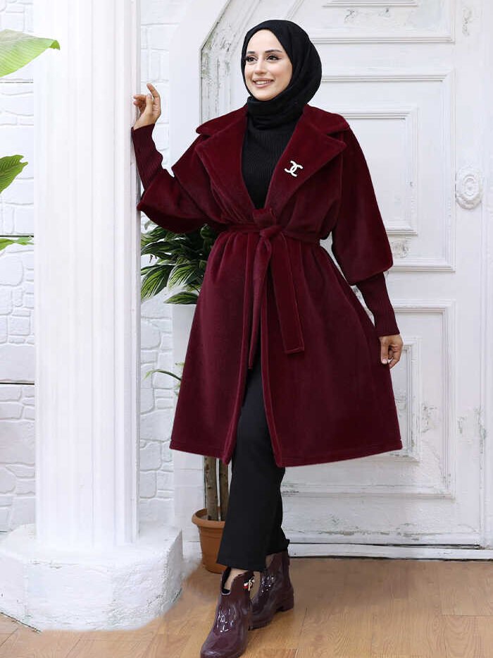Alternative view of amazing Turkish Coat for Women|Waist-Banded Collar Coat with Stone Brooch Detail|7874