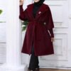 amazing Turkish Coat for Women|Waist-Banded Collar Coat with Stone Brooch Detail|7874 - Image 5