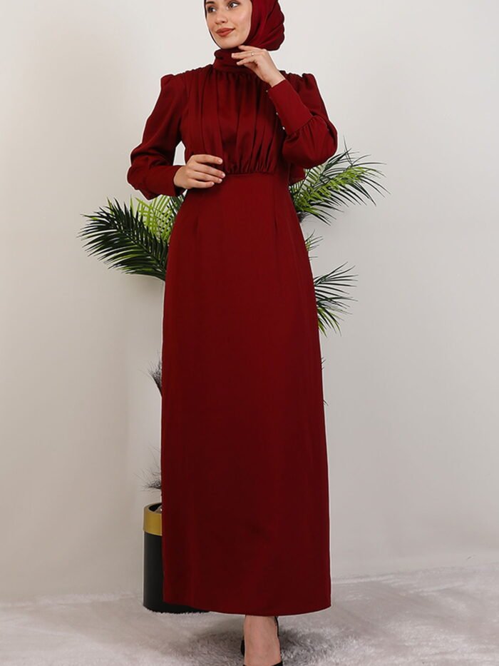 Pleated Satin Dress in Burgundy