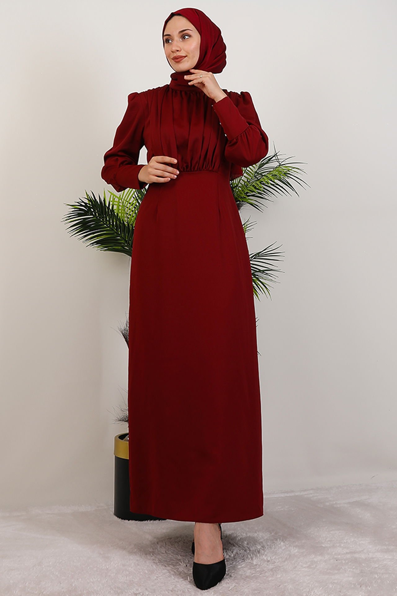 Pleated Satin Dress in Burgundy