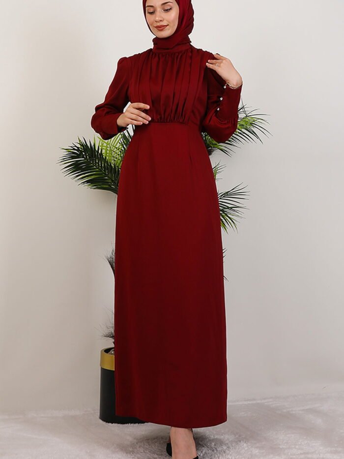 Alternative view of Pleated Satin Dress in Burgundy